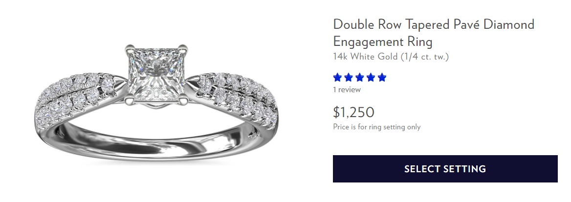 double row tapered pave diamond engagement ring with half carat size princess diamond