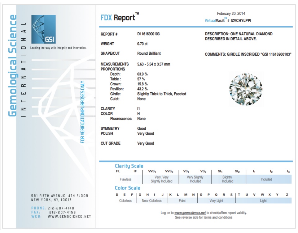 fdx one natural diamond round cut h i1 gsi certificate