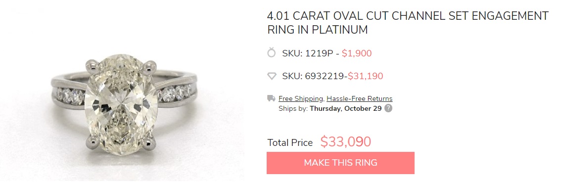 channel set 4ct oval brilliant cut ring with taper shank in platinum