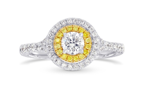 double halo white gold yellow diamond rim with colorless center stone