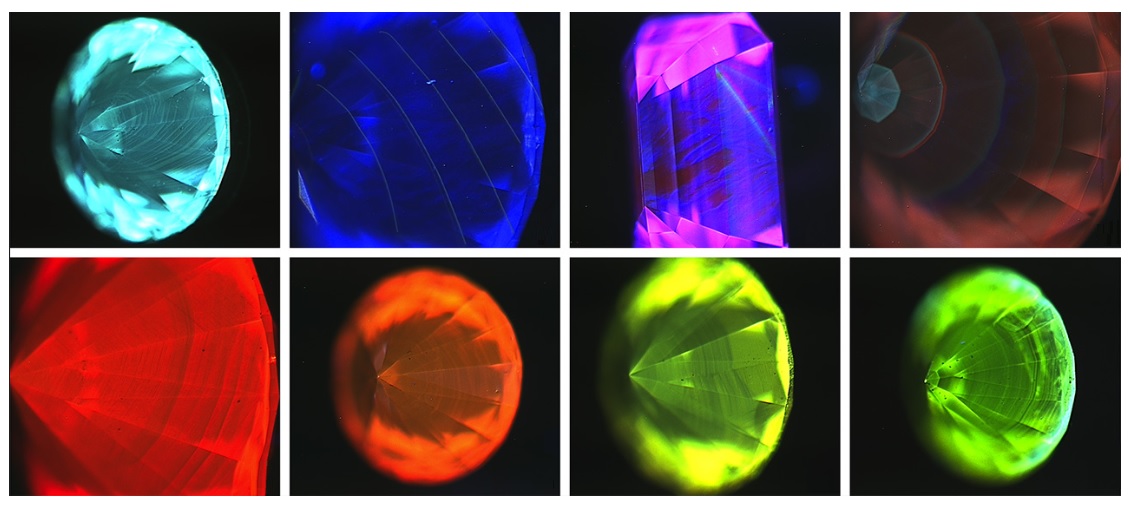 lab grown diamonds glowing in different colors in black light