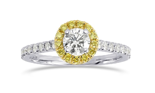 perimeter out yellow halo diamond engagement ring with white center diamond