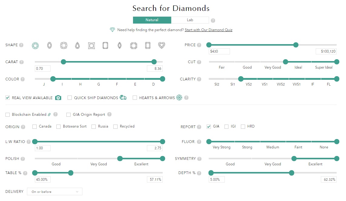 new search interface for loose diamond browsing with filters