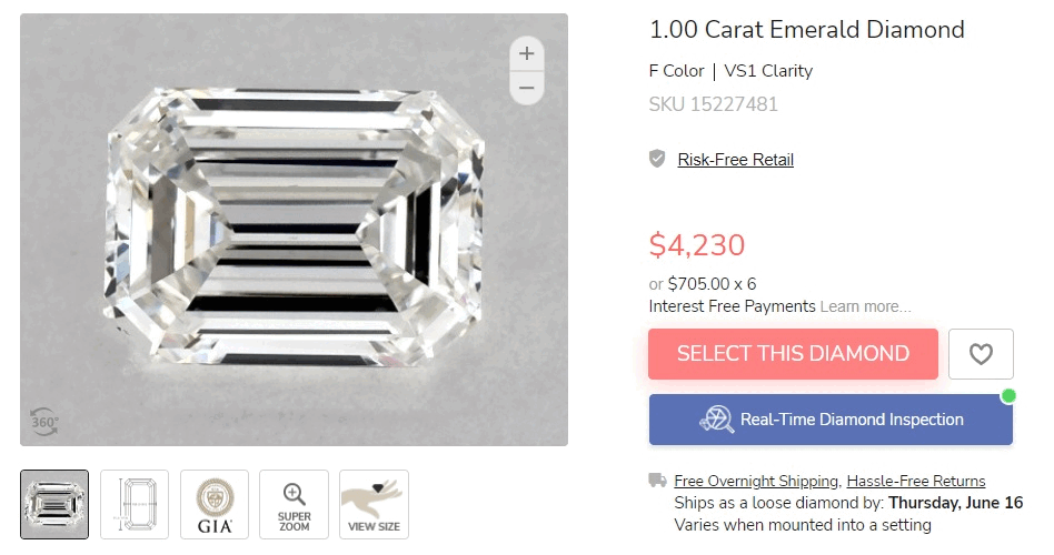 1 ct emerald diamond F VS1